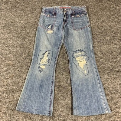 VTG Abercrombie & Fitch Jeans Womens 6 Blue Patch Distressed Flare Low Rise Y2K