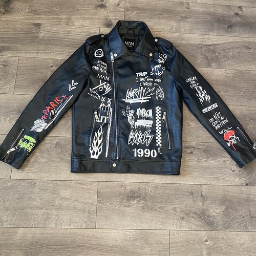 Boohoo Man Jacket Medium Faux Leather All Over Graffiti Biker Punk Rock Bomber