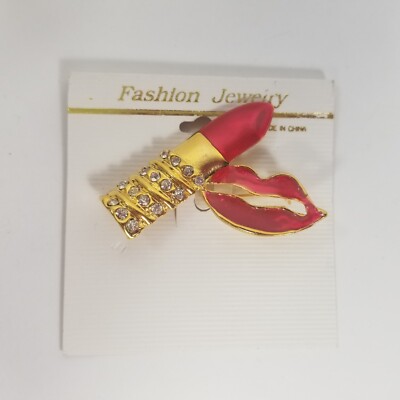 Vintage RED Enamel Gold Tone Lips Statement Brooch Pin Lipstick