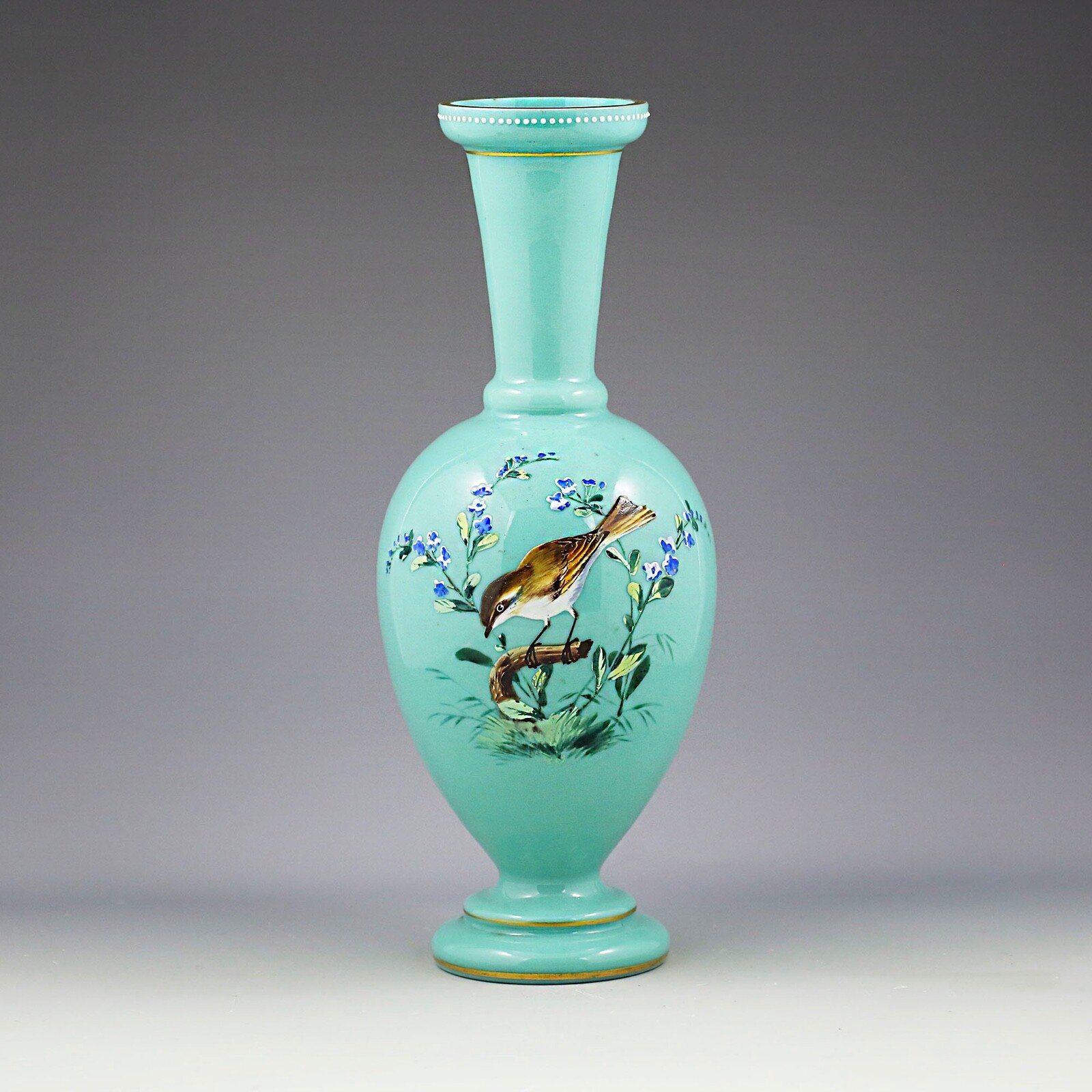 Antique Glass Vase セット Antique Bohemian turquoise opaline glass Vase Birds and