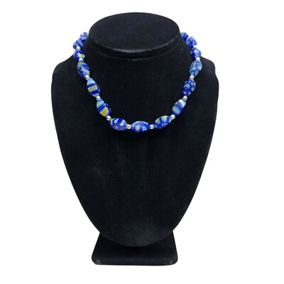925 Silver Blue Floral Millefiori Glass Beaded Collar Necklace Accent 7.5 in L