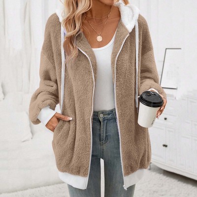 Winter Coats Women Warm Fleece Plush Zipper Hooded Jacket Wool Coats Outerwear