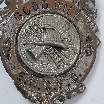 Vintage Good Will Fire Department Metal Badge Pin EHCFD 2.25 Inches Long Silver