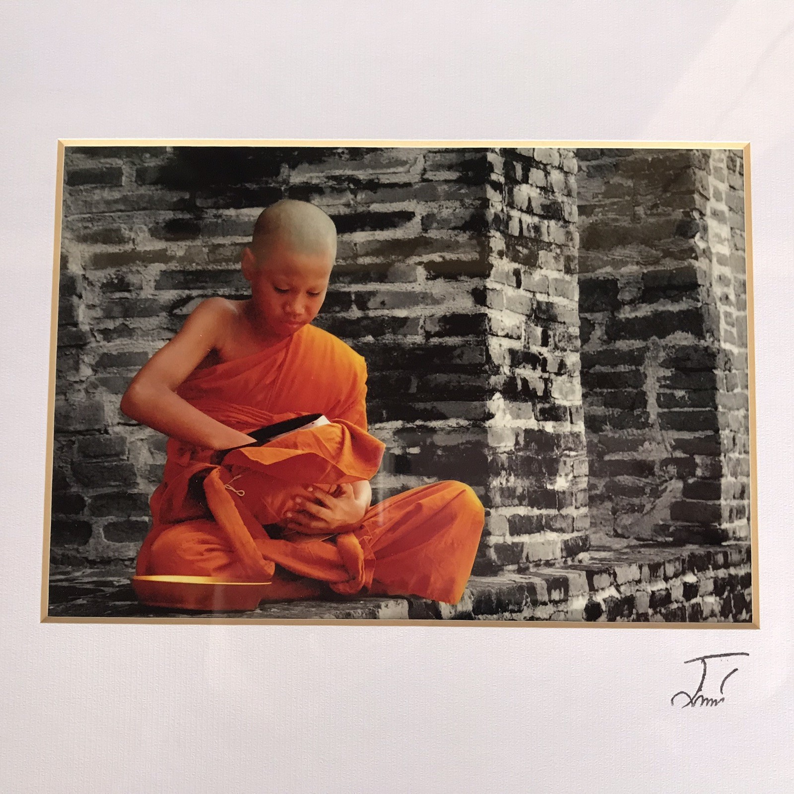 Framed Photograph Thailand Monk Bowl Temple Orange Signed Thai Art Wall Hanging