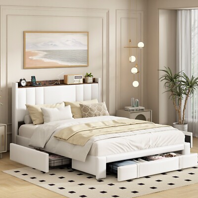 Queen Size PU Bed with 3 Storage Drawers and Charging Station,Upholstered HOT US