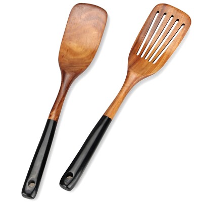 2 Pcs Best Wooden Spatula Set for Cooking Kitchen Slotted Turner Spatula Flat...