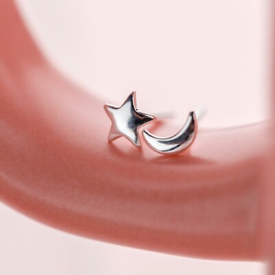 925 sterling silver tiny moon and star stud earrings