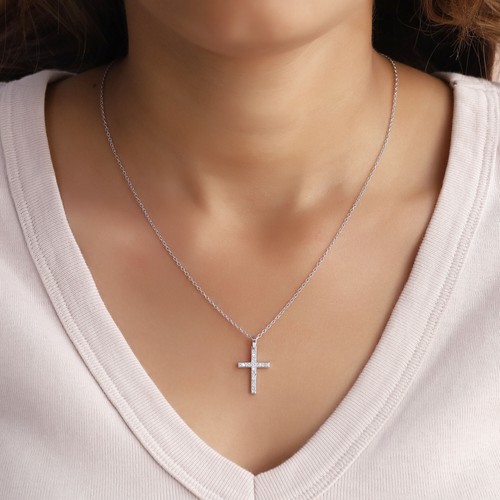 1/7 Ct Round Cut Lab Grown Diamond Cross Pendant 925 Sterling Silver Necklace