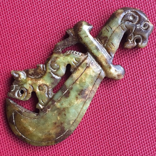 Old Chinese Natural Jade, Hand Carved Knife Dragon,160 mm, 219 g, China