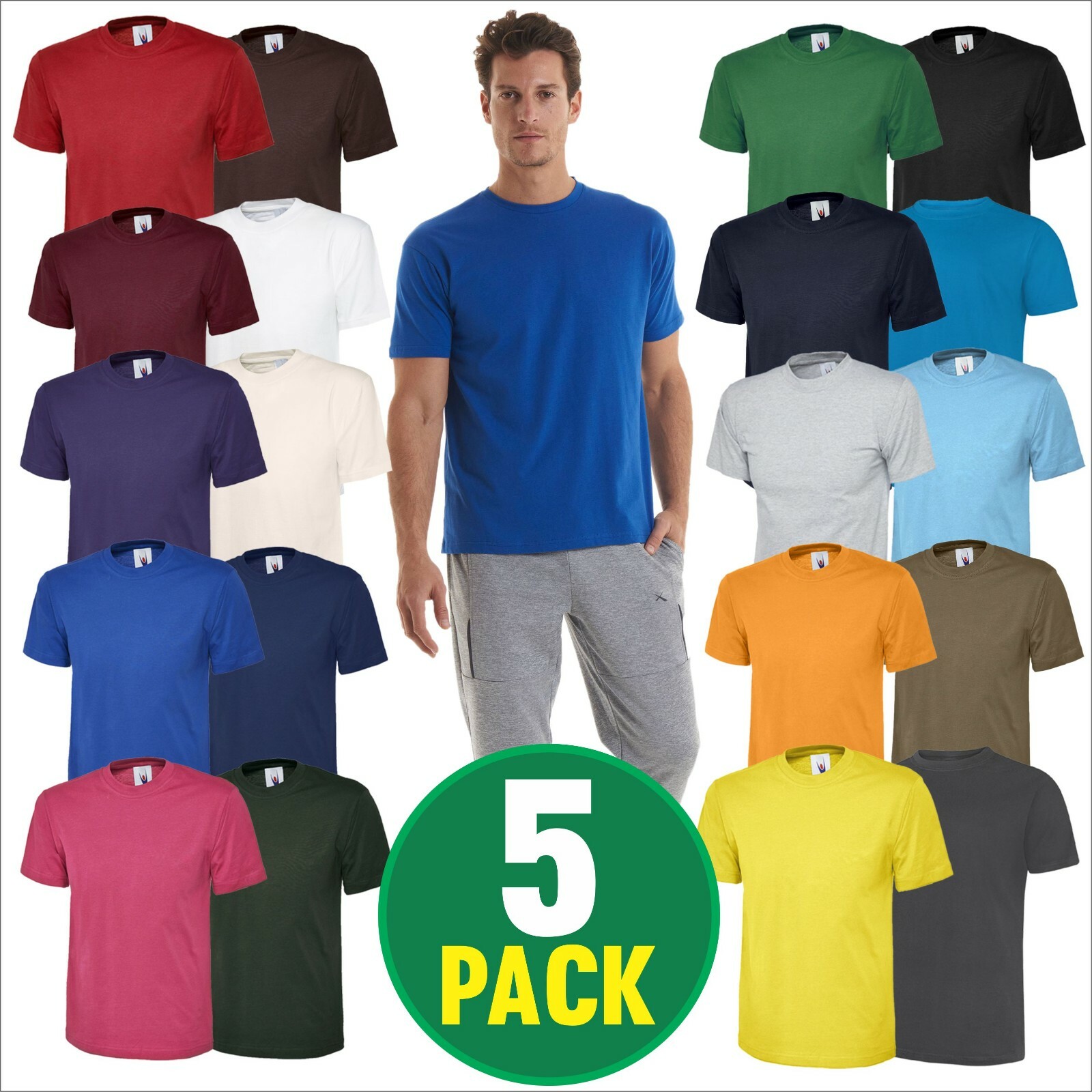 Uneek 5 PACK Unisex Mens Regular T-SHIRT Plain 100% Cotton Blank