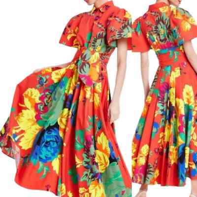 0 Christopher John Rogers Floral Shirt Dress Orange Pink Yellow Tropical