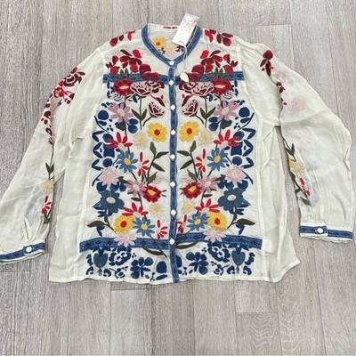 NWT Johnny Was Edie Floral-Embroidered Button-Down Blouse Size XXS Long Sleeve 