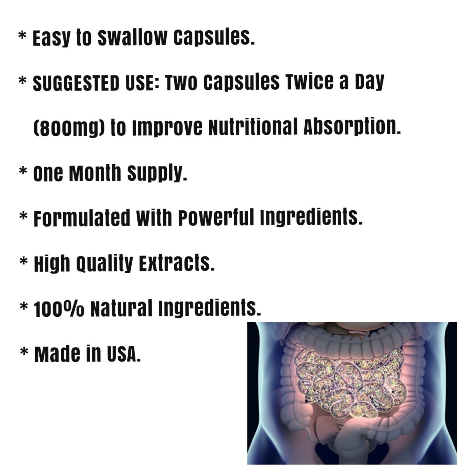 Bromelain, Papain, Lipase, Protease, Amylase Blend for Intestinal Digestion.