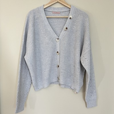 NEW Ces Femme Womens Ribbed Knit Button Front Cropped Cardigan Sweater Size L