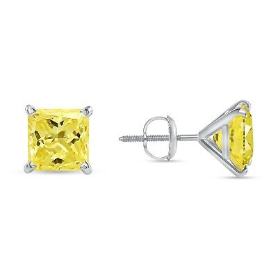 Pre-owned Shine Brite With A Diamond 4.5 Ct Princess Cut Canary Earrings Studs Real 14k White Gold Screw Back Martini