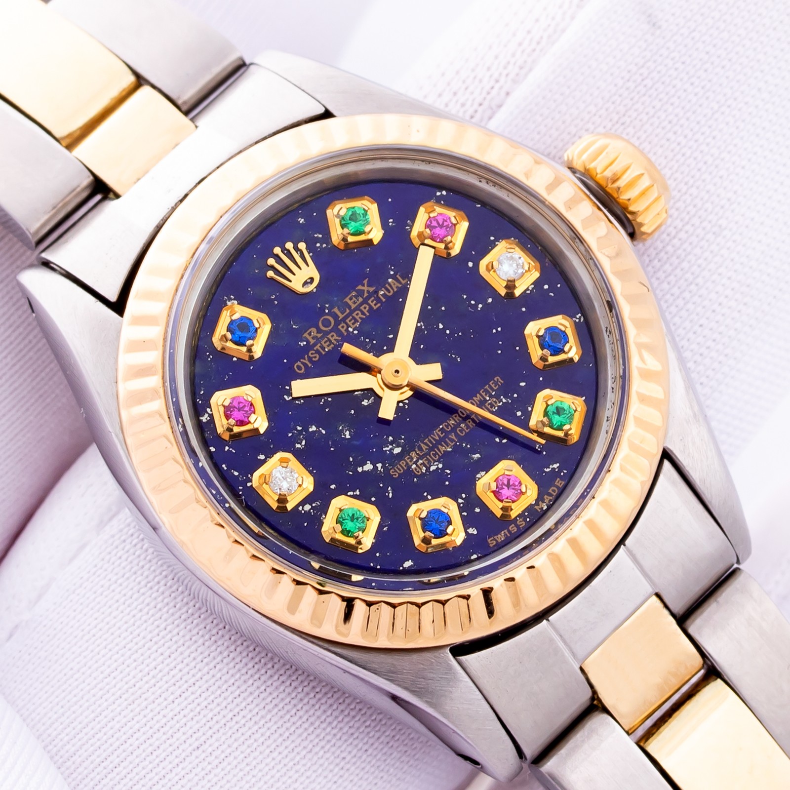ROLEX LADIES STEEL-YELLOW GOLD DATEJUST BLUE RAINBOW GEMSTONE DIAL FLUTED BEZEL