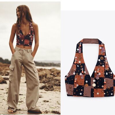 ZARA NWT Boho Sleeveless Beaded Fringe Halter Crop Top M | eBay