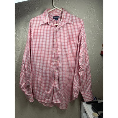 Lands' End Mens Long Sleeve Dress Shirt White Red Plaid Cotton...
