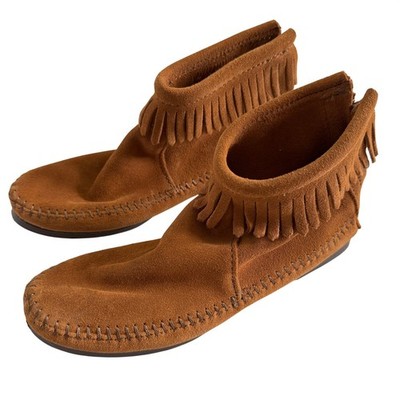 Minnetonka Brown Suede Back Zip Fringe Moccasin Ankle Boot Booties 282 Size 6