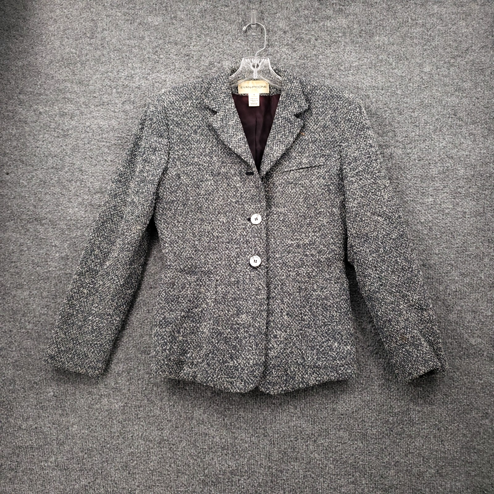 Evan Picone Blazer Women 4 Gray Wool Tweed Single Breasted Suit Jacket Notch USA