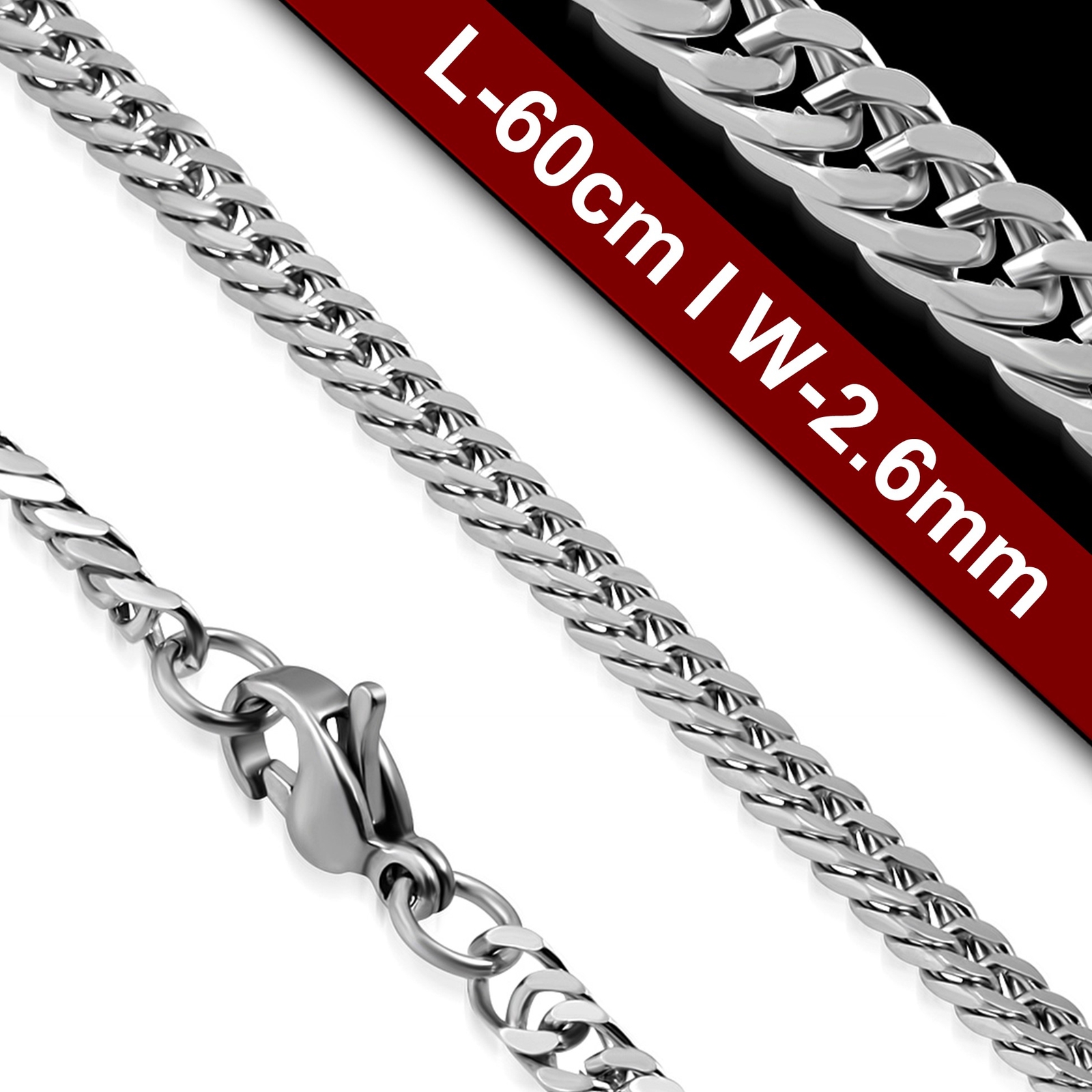 60cm 23.5inch long x 2.6mm Flat Curb Chain, non tarnish Stainless Steel Necklace