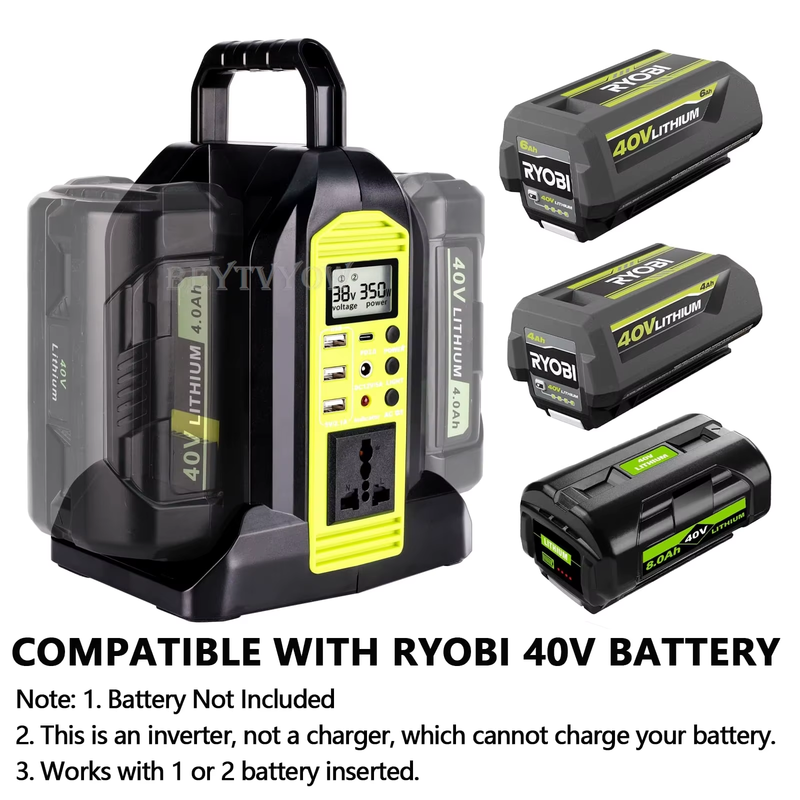 350W 2-Port Power Inverter for Ryobi 40V Battery DC 40V to AC 120V Pure Sine Wav