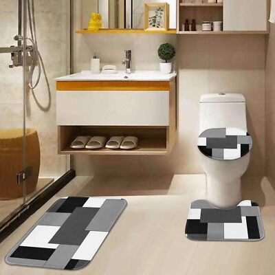 Geometric Gray Bathroom Set with Shower Curtain and Rugs Accessories Black an...