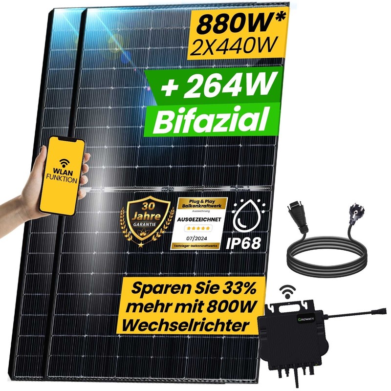 Balkonkraftwerk 880w Bifazial Komplettset Mit Growatt Neo 800w Wechselrichter