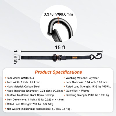 VEVOR 4 Pack 1"x 15' Ratchet Straps Tie Down Straps Heavy Duty w/ S-Hooks