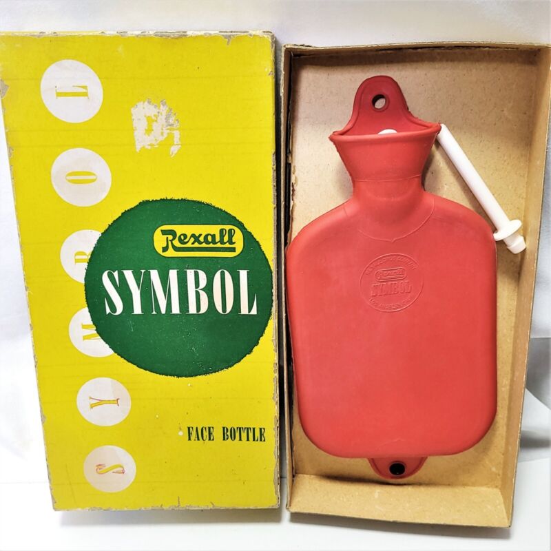 Vintage Rexall Rubber *Symbol* Face Water Bottle Syringe Complete Box 1 Pint Red