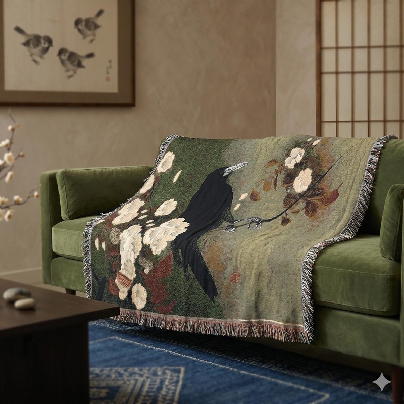 Crow and Blossom, Koson - Tapestry Woven Blanket Throw