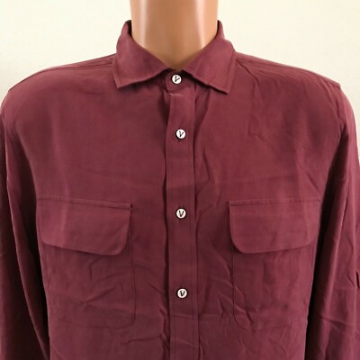 Vilebrequin Mens Long Sleeve 100% Silk Shirt Dark Red Size Medium 