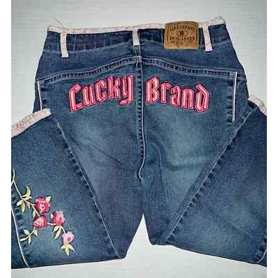 Vintage Lucky Brand Girls embroidered Floral denim wide leg