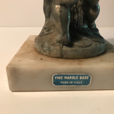 Antique Art Deco cast alloy cherub lamp column amber glass square marble base