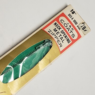 J & P Coats Vintage Zipper Vivid Jade Green 18'' Metal Neck MADE IN USA
