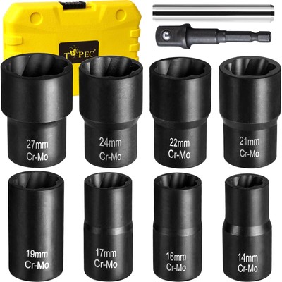 Topec Bolt Extractor Set 10 Piece Lug Nut Remover Socket Tool 1/2'' Drive Impa...