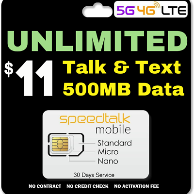 Speedtalk Smart Phone SIM Card Kit Unlimited Talk & Text 500MB Data 4G LTE Plan 
