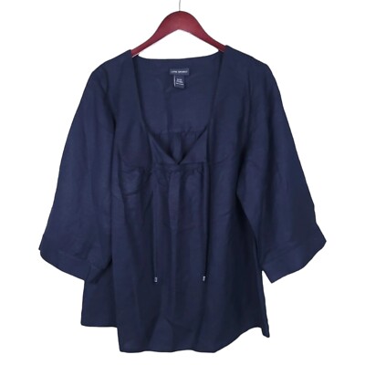 Lane Bryant Shirt Top Womens 22 24 Black Linen Rayon Tie Front 3/4 Sleeve