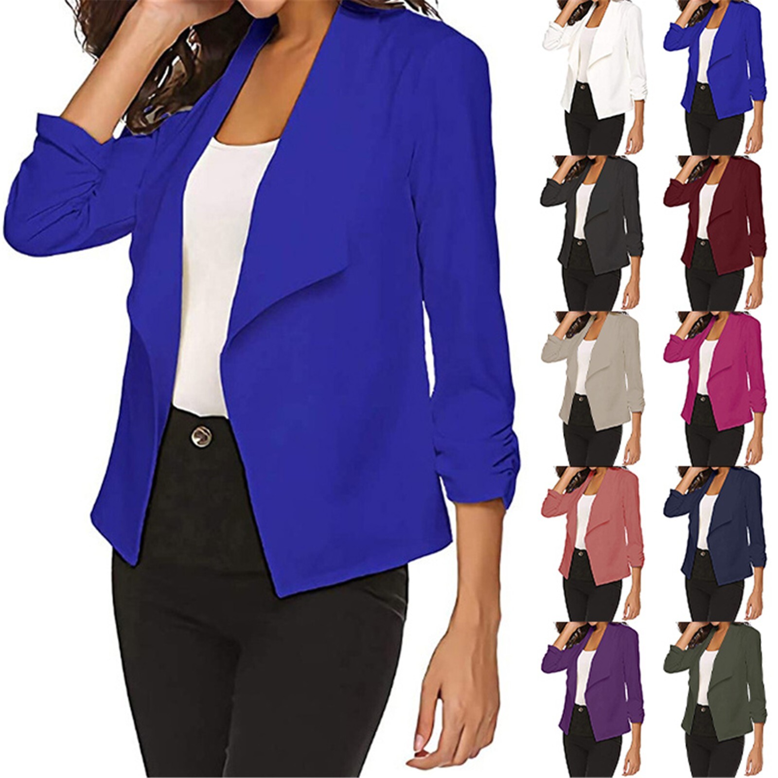 Womens Solid Plus Size Long Sleeve Thin Suit Casual Business Open Front Coat US.