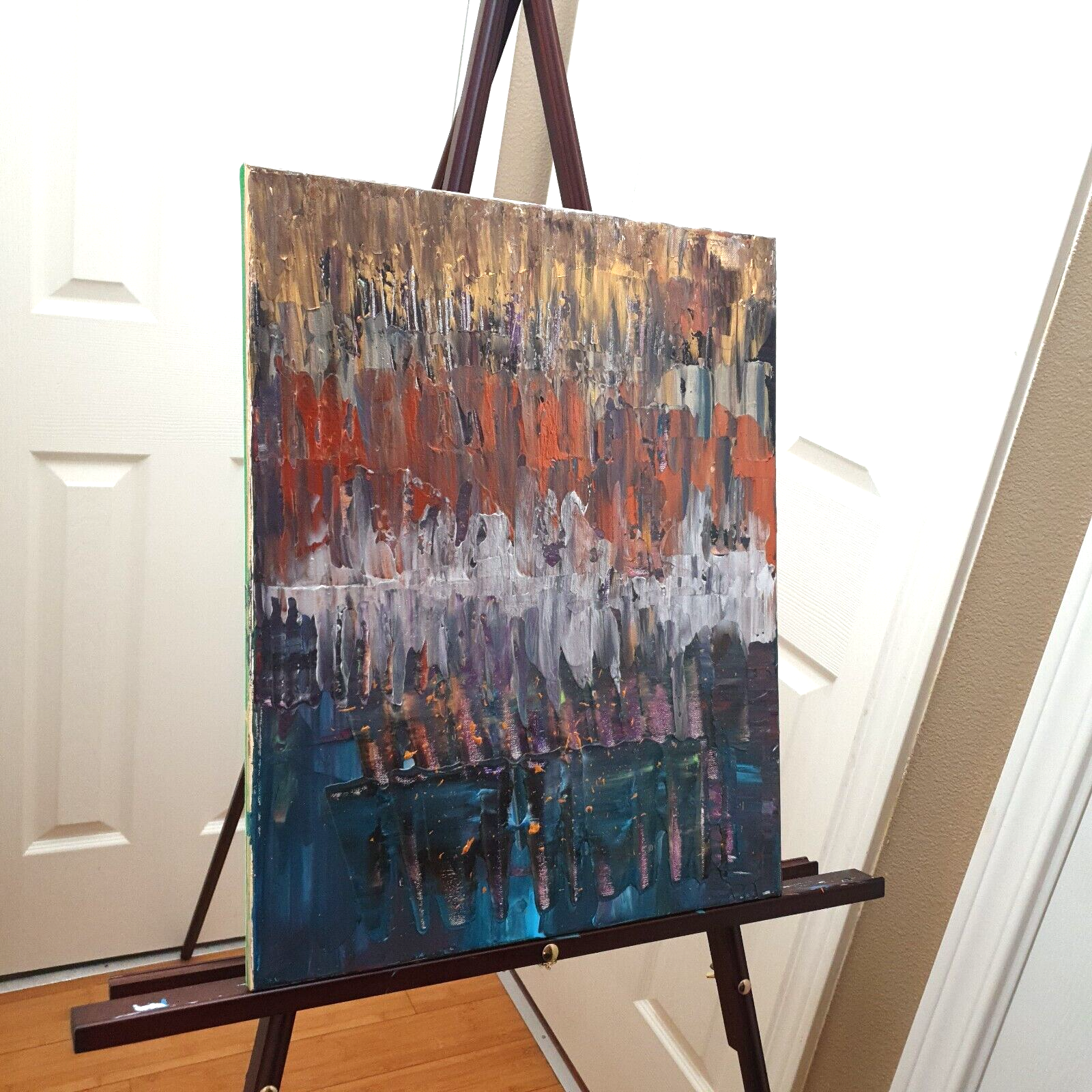 Orig Modern Colorful See Vid Abstrac Acrylic Paintin Canvas 16x20 Metallic touch