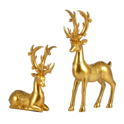 Gold Decor Set of 2 Resin Lucky Deer Sculptures for Modern Home Decor Reindee...
