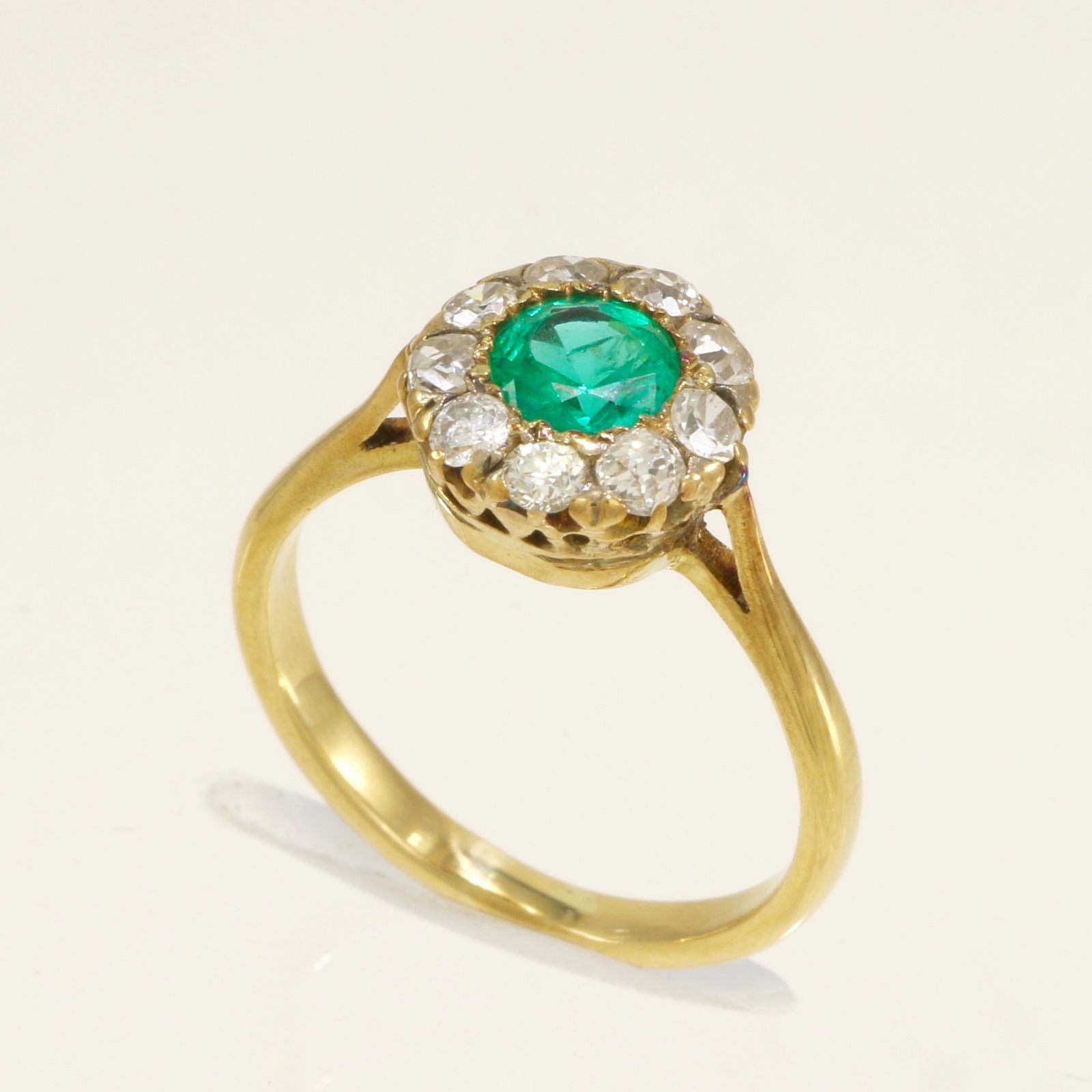 Antique Edwardian Emerald & Diamond 18k Yellow Gold Cluster Ring