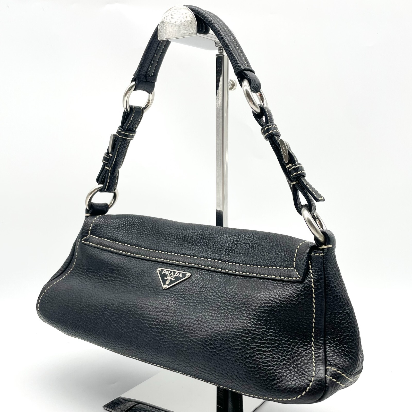 PRADA Handbag Hobo shoulder bag Triangle logo Black Leather