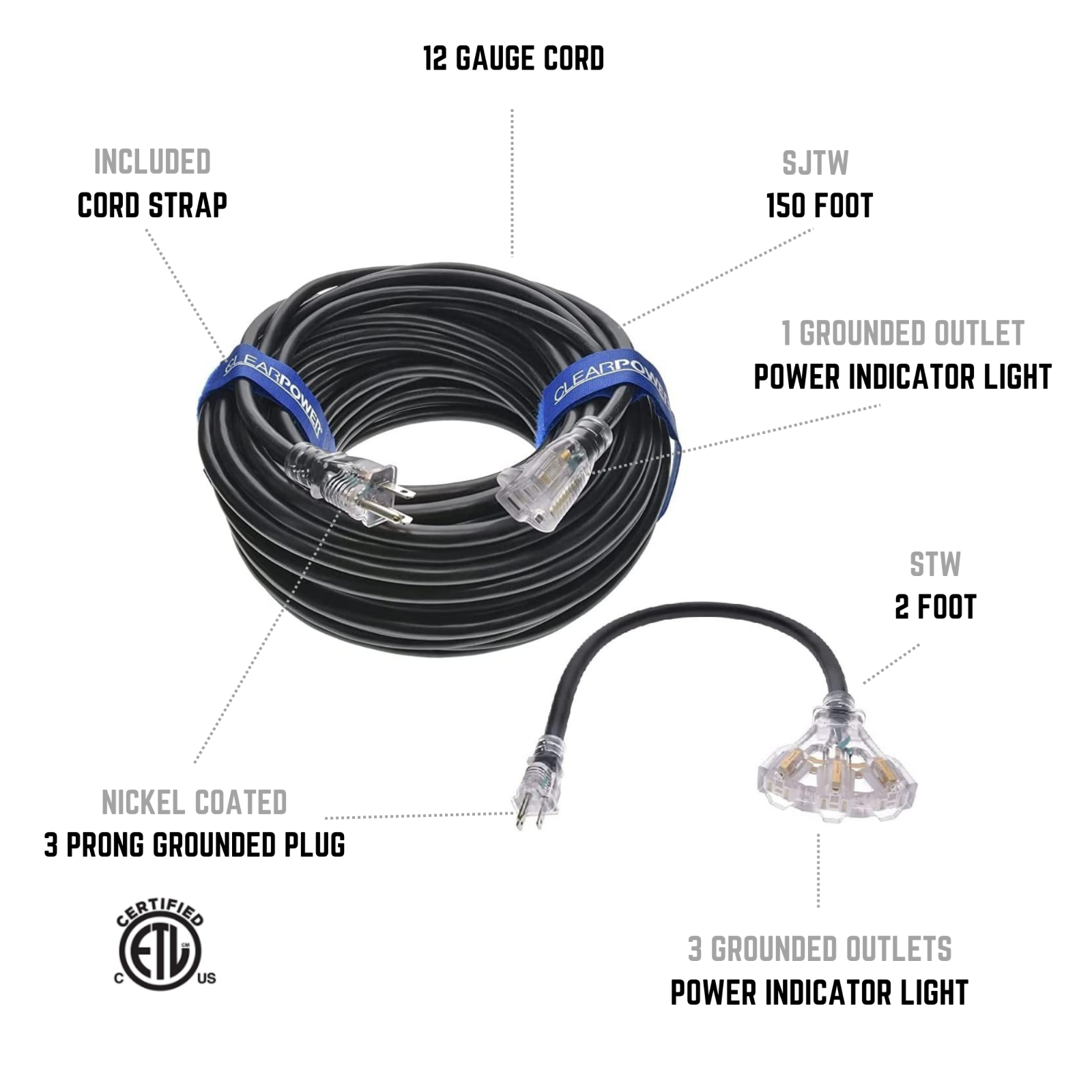 CP Combo Pack: 150 ft 12/3 SJTW Outdoor Ext Cord & 2 ft 3-Outlet Adapter CP10223