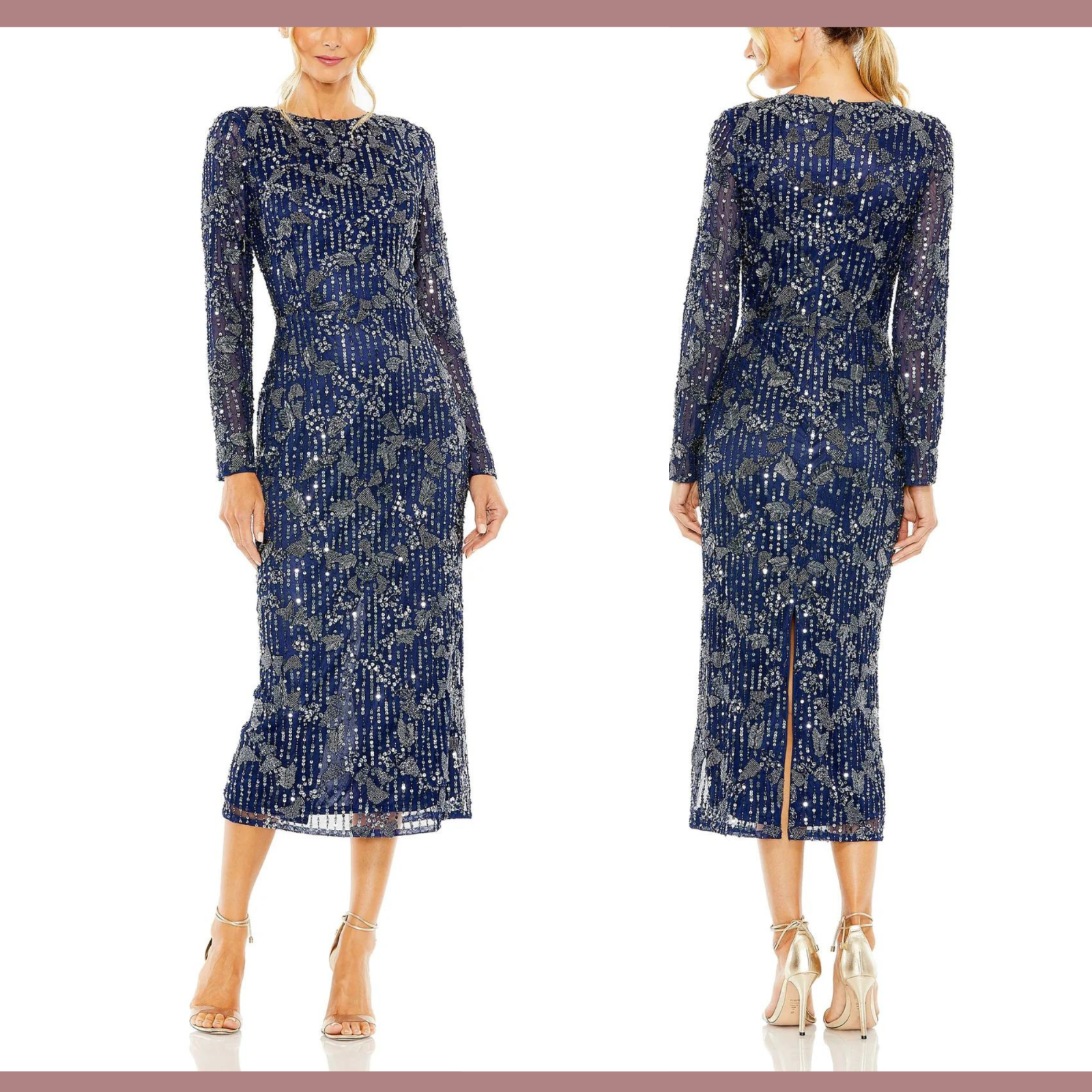 【Mac Duggal】ネイビーの長袖花柄ガウン Amazon.com: Mac Duggal Women's Long Sleeve Gown, Navy/Multi