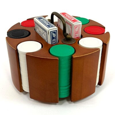 Poker Chip Carousel Wood w/ Clay Chips VTG 1960s Double Lions Cards 