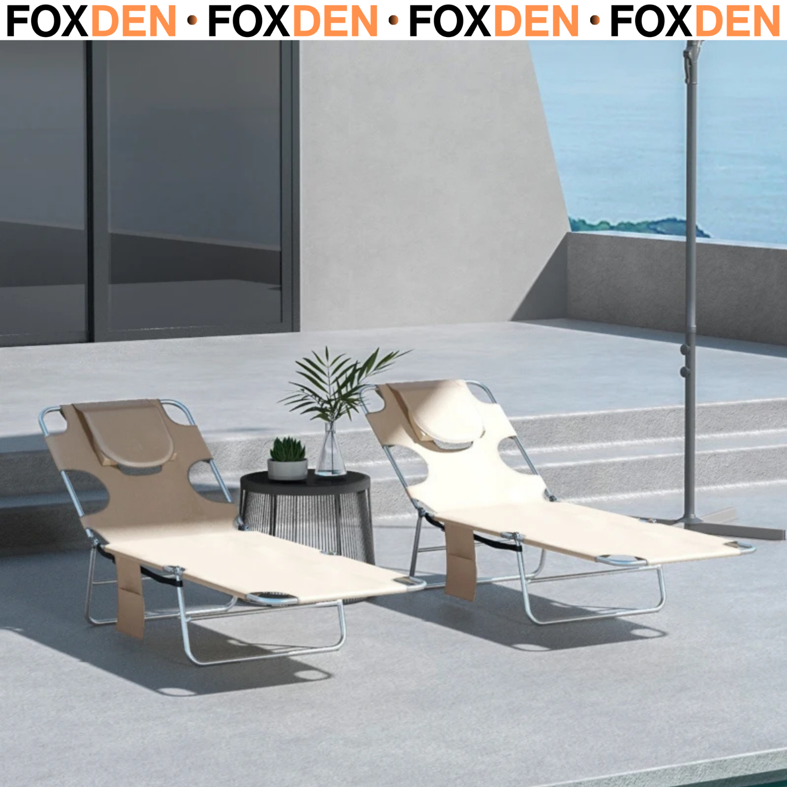 Set of 2 Foldable Sun Lounger w/ Reading Hole Recliner Chairs Patio Garden Beige