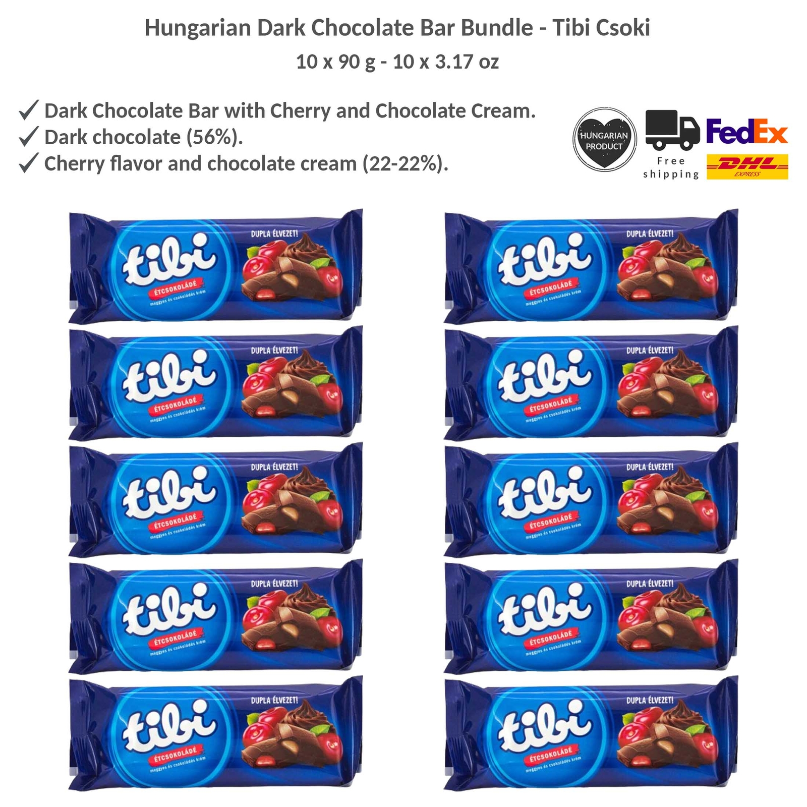 Hungarian Tibi Csoki - Dark Chocolate Bar with Cherry and Chocolate Cream 90gx10