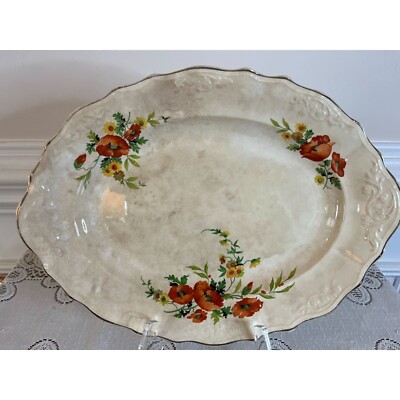 Antique, CCTP Co, USA, Chatham Oval Floral Motif Platter. Beige, Stained, Aged