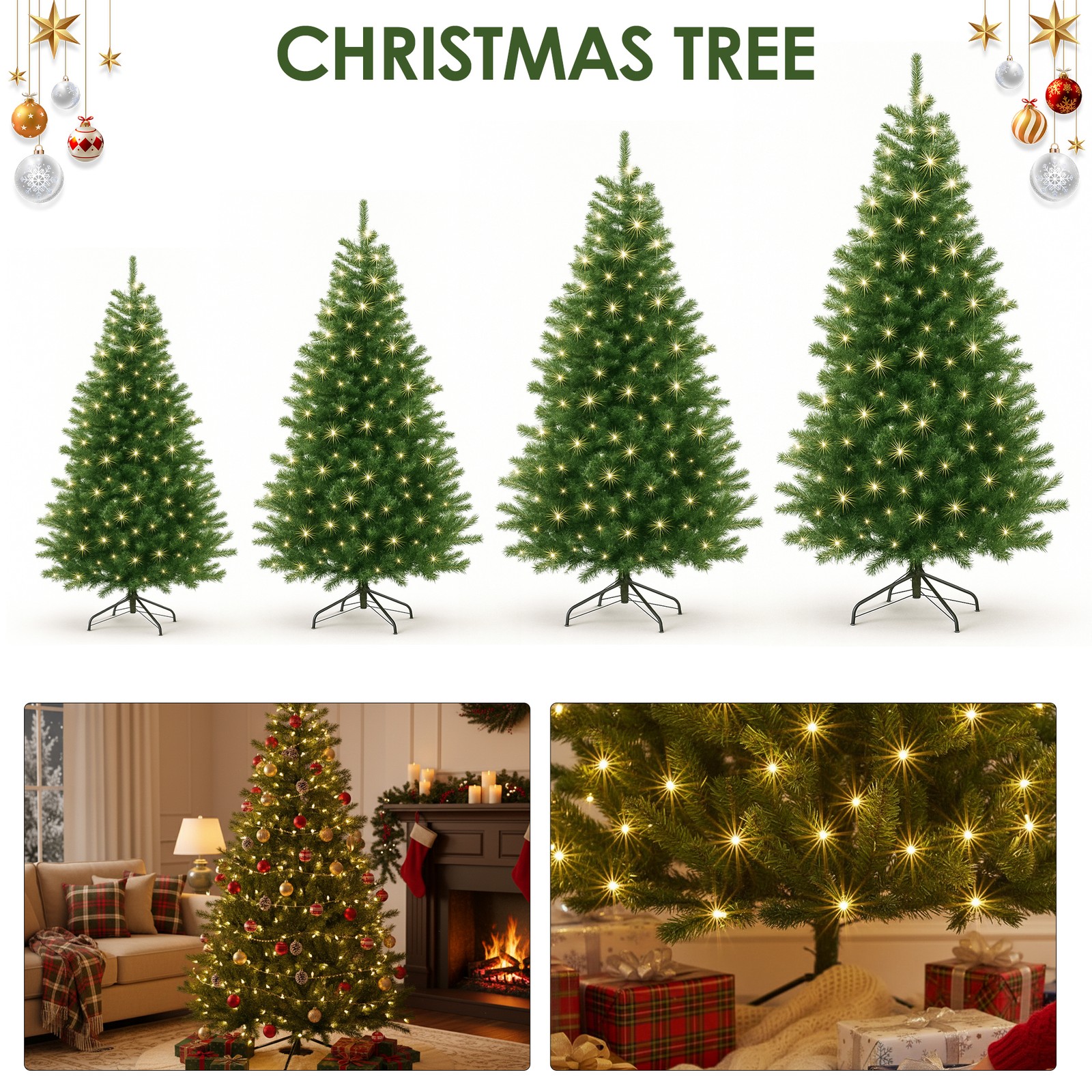 4-7ft Christmas Tree with Pre lit Artificial Pine Xmas Bushy Decorations Tree